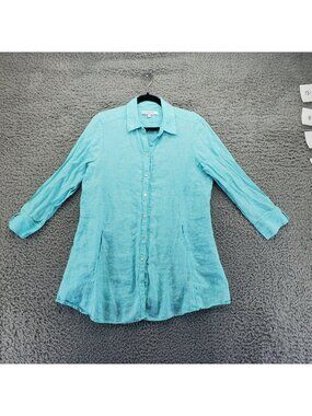 Foxcroft Top Womens Size 10 Turquoise Button Up 3/4 Sleeve 100% Linen